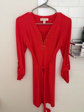 Michael Kors Red V-Neck Grommet Detail Dress